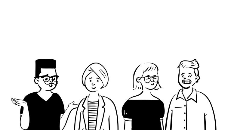 Fünf Personen stehen zusammen und tauschen sich aus.