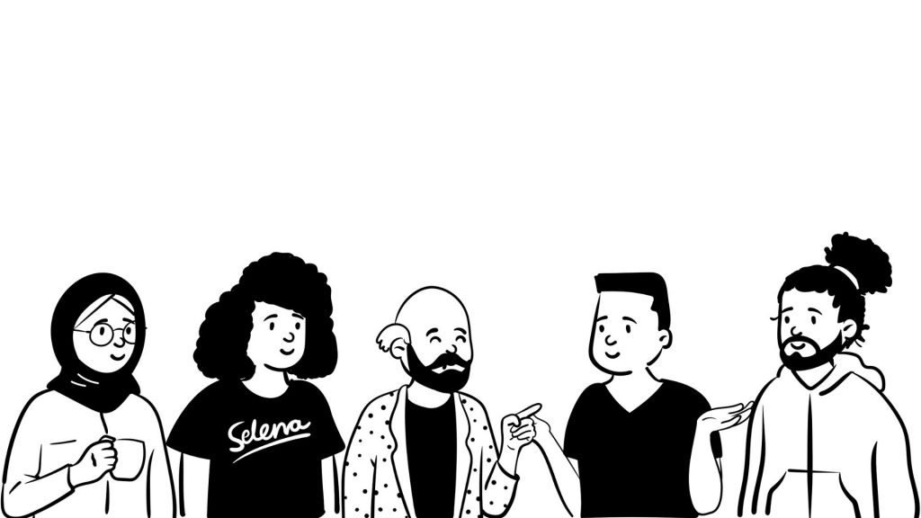 Eine vielfältige Gruppe aus fünf Personen führt ein Gespräch.